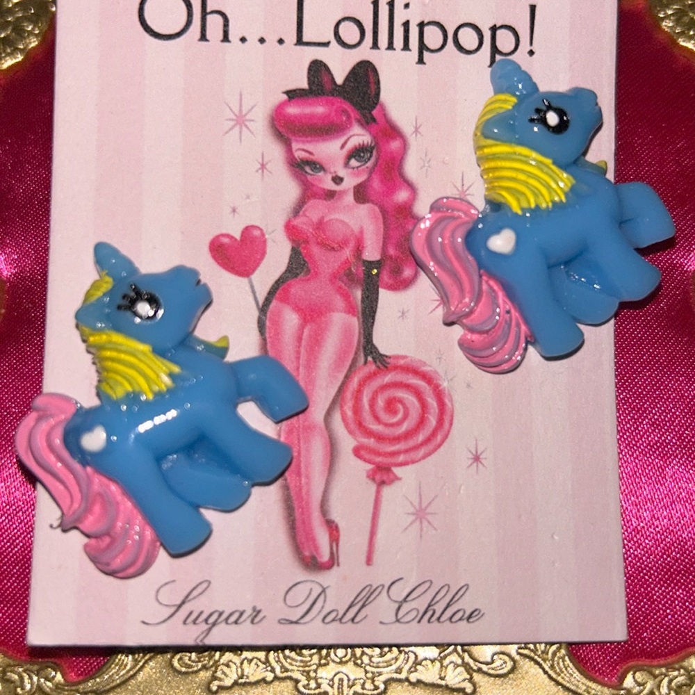 Blue pink my little pony earrings kawaii Lolita sugar doll oh lollipop new cute